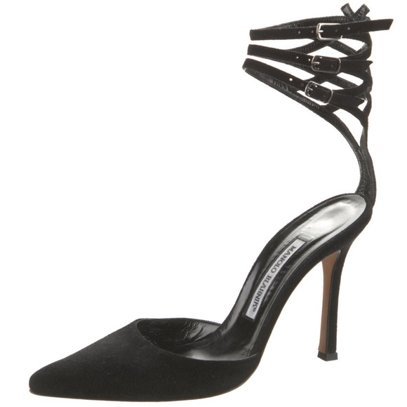Manolo Blahnik Black Suede Strappy Ankle Cuff Pointed Toe Pumps Size 39,5 - Picture 1 of 6